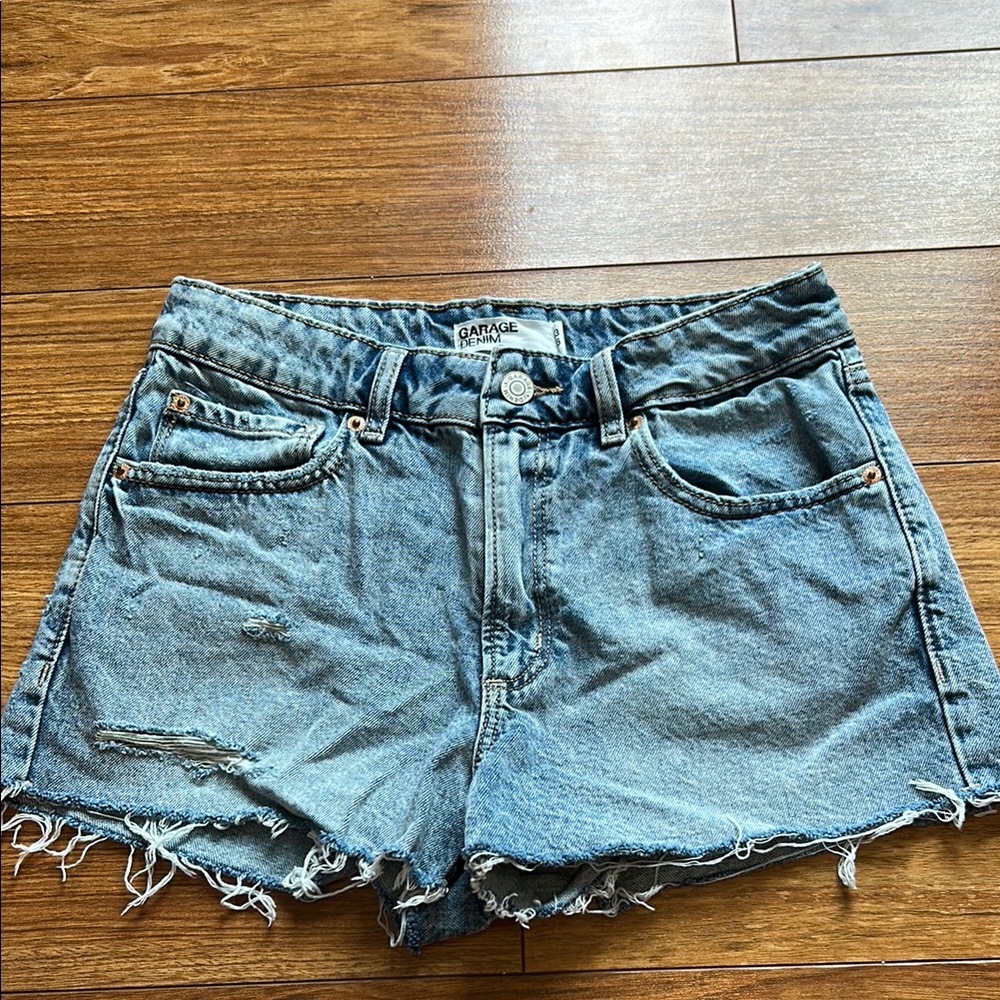 Garage Blue Jean Shorts High-Waisted Frayed Hem